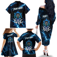 Personalized Bowling Skull Family Matching Off The Shoulder Long Sleeve Dress and Hawaiian Shirt with Blue Flame Energy and Electric Lightning Strike Pattern - Wonder Print Shop