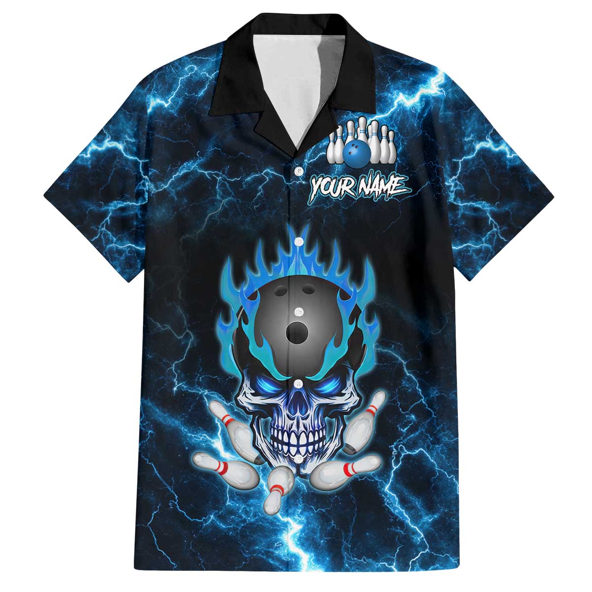 Personalized Bowling Skull Family Matching Off The Shoulder Long Sleeve Dress and Hawaiian Shirt with Blue Flame Energy and Electric Lightning Strike Pattern - Wonder Print Shop