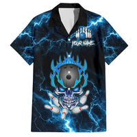 Personalized Bowling Skull Family Matching Off The Shoulder Long Sleeve Dress and Hawaiian Shirt with Blue Flame Energy and Electric Lightning Strike Pattern - Wonder Print Shop