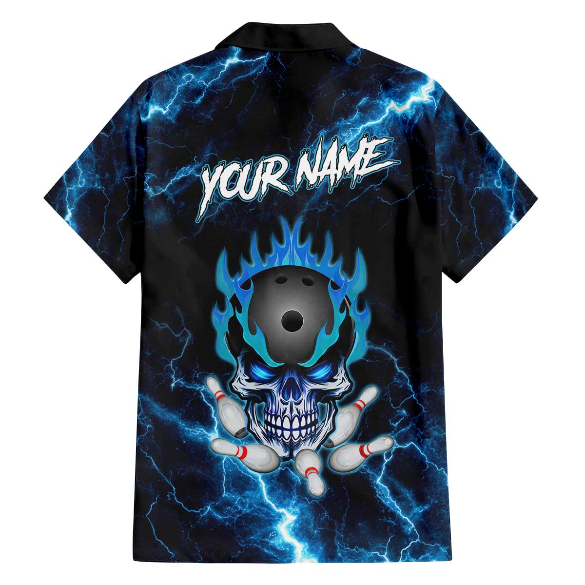 Personalized Bowling Skull Family Matching Off The Shoulder Long Sleeve Dress and Hawaiian Shirt with Blue Flame Energy and Electric Lightning Strike Pattern - Wonder Print Shop