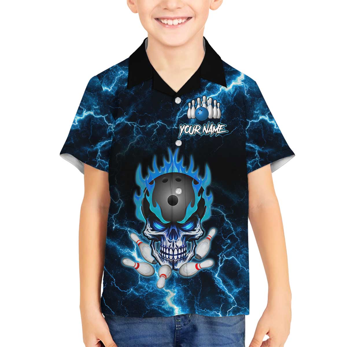 Personalized Bowling Skull Family Matching Off The Shoulder Long Sleeve Dress and Hawaiian Shirt with Blue Flame Energy and Electric Lightning Strike Pattern - Wonder Print Shop