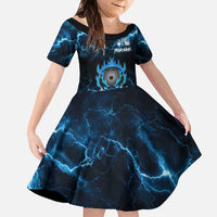 Personalized Bowling Skull Family Matching Off Shoulder Maxi Dress and Hawaiian Shirt with Blue Flame Energy and Electric Lightning Strike Pattern - Wonder Print Shop