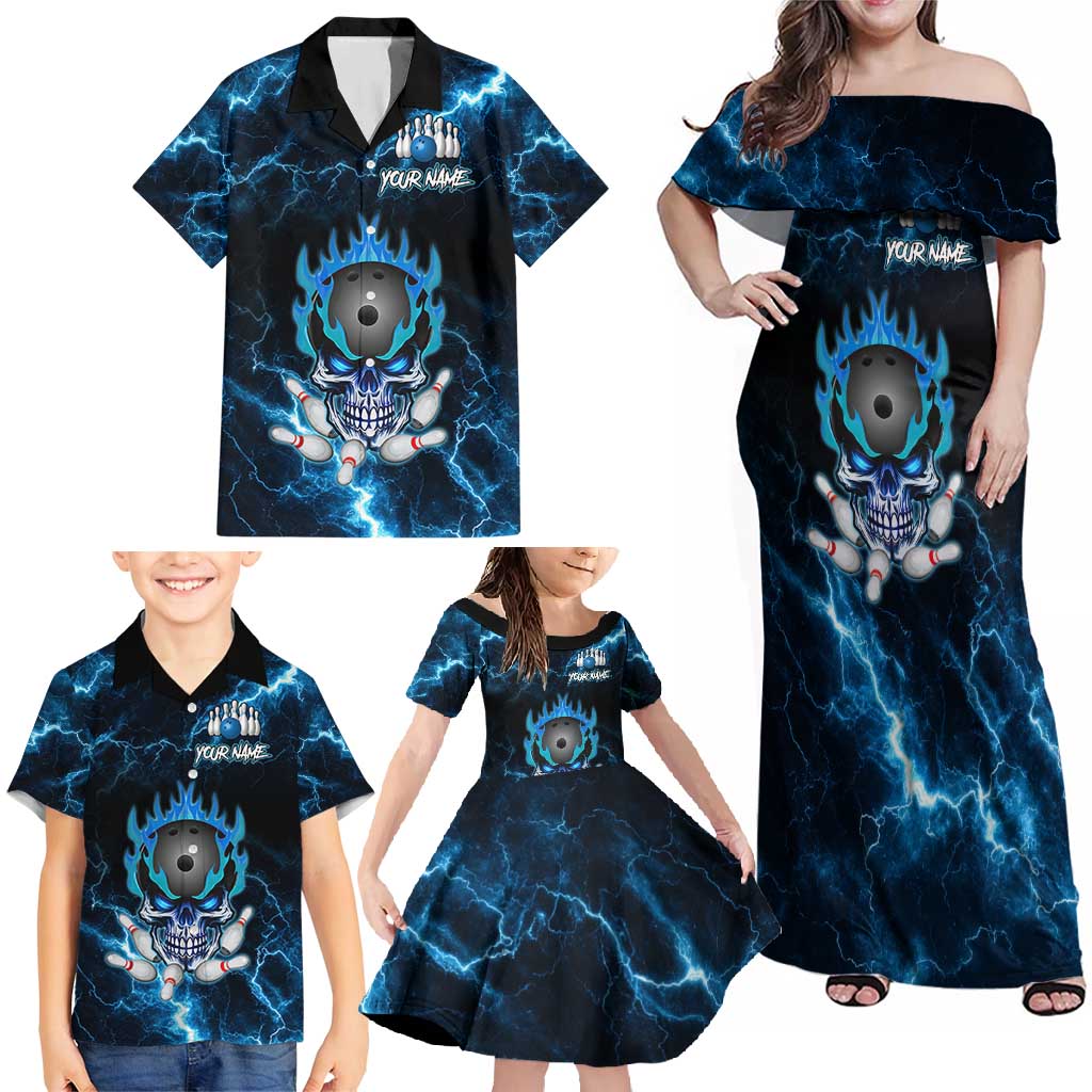 Personalized Bowling Skull Family Matching Off Shoulder Maxi Dress and Hawaiian Shirt with Blue Flame Energy and Electric Lightning Strike Pattern - Wonder Print Shop