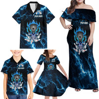 Personalized Bowling Skull Family Matching Off Shoulder Maxi Dress and Hawaiian Shirt with Blue Flame Energy and Electric Lightning Strike Pattern - Wonder Print Shop