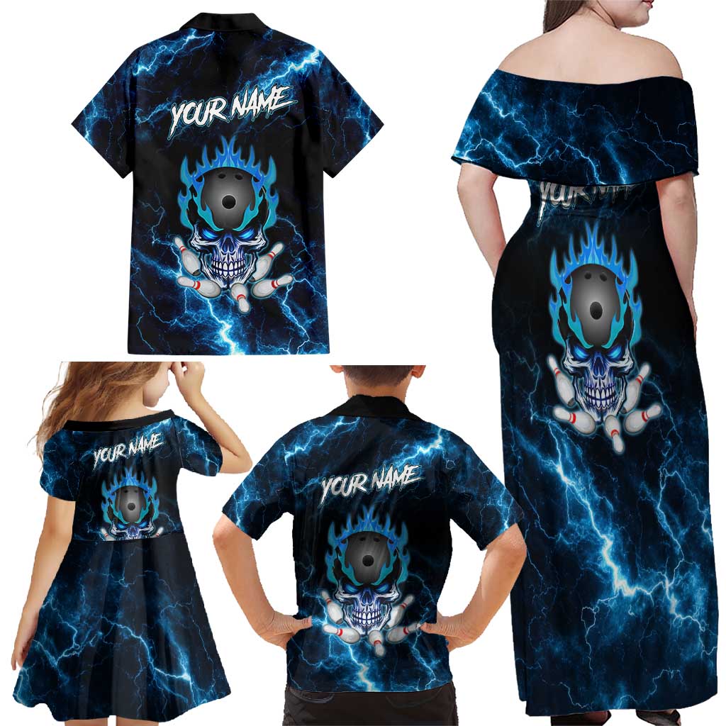 Personalized Bowling Skull Family Matching Off Shoulder Maxi Dress and Hawaiian Shirt with Blue Flame Energy and Electric Lightning Strike Pattern - Wonder Print Shop