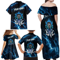 Personalized Bowling Skull Family Matching Off Shoulder Maxi Dress and Hawaiian Shirt with Blue Flame Energy and Electric Lightning Strike Pattern - Wonder Print Shop
