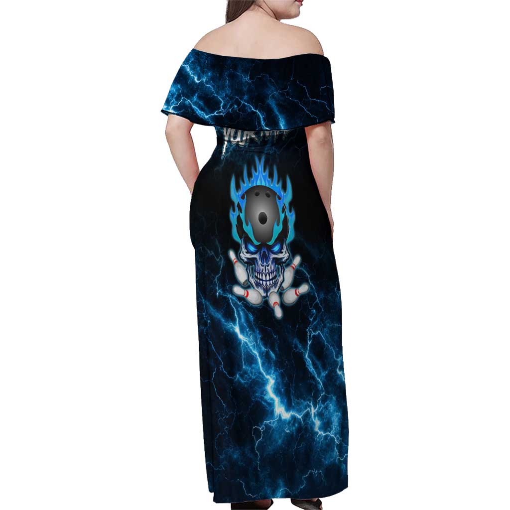 Personalized Bowling Skull Family Matching Off Shoulder Maxi Dress and Hawaiian Shirt with Blue Flame Energy and Electric Lightning Strike Pattern - Wonder Print Shop