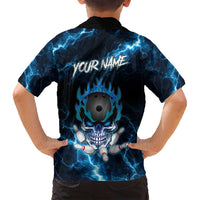 Personalized Bowling Skull Family Matching Off Shoulder Short Dress and Hawaiian Shirt with Blue Flame Energy and Electric Lightning Strike Pattern - Wonder Print Shop