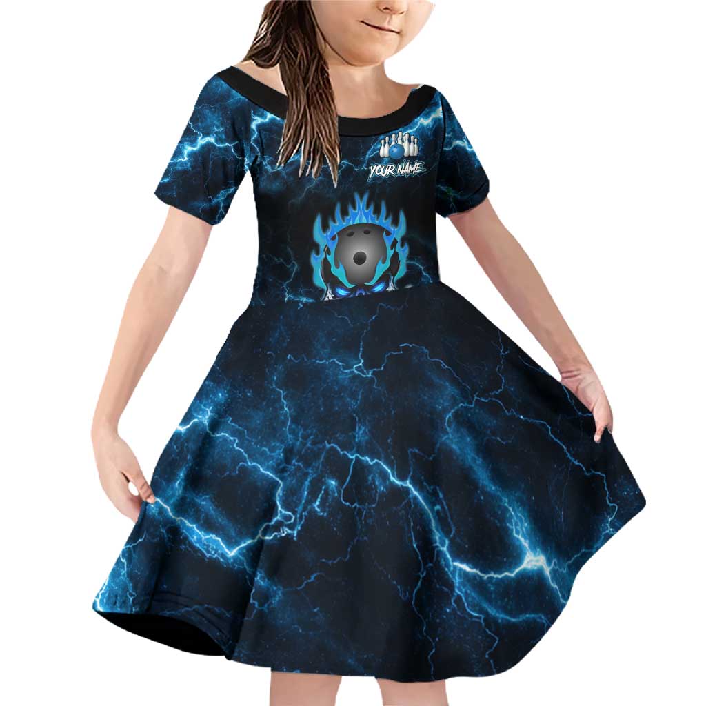 Personalized Bowling Skull Family Matching Off Shoulder Short Dress and Hawaiian Shirt with Blue Flame Energy and Electric Lightning Strike Pattern - Wonder Print Shop