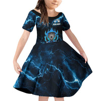 Personalized Bowling Skull Family Matching Off Shoulder Short Dress and Hawaiian Shirt with Blue Flame Energy and Electric Lightning Strike Pattern - Wonder Print Shop