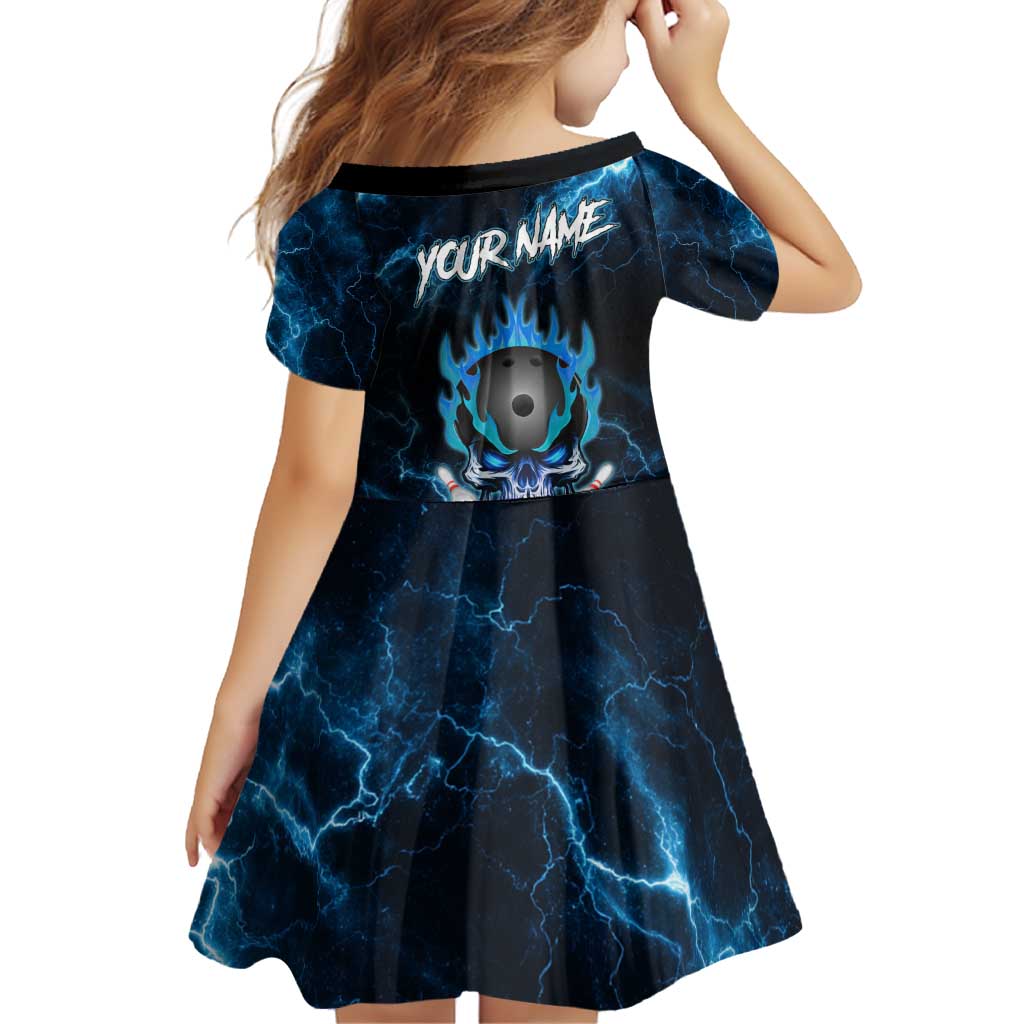 Personalized Bowling Skull Family Matching Off Shoulder Short Dress and Hawaiian Shirt with Blue Flame Energy and Electric Lightning Strike Pattern - Wonder Print Shop