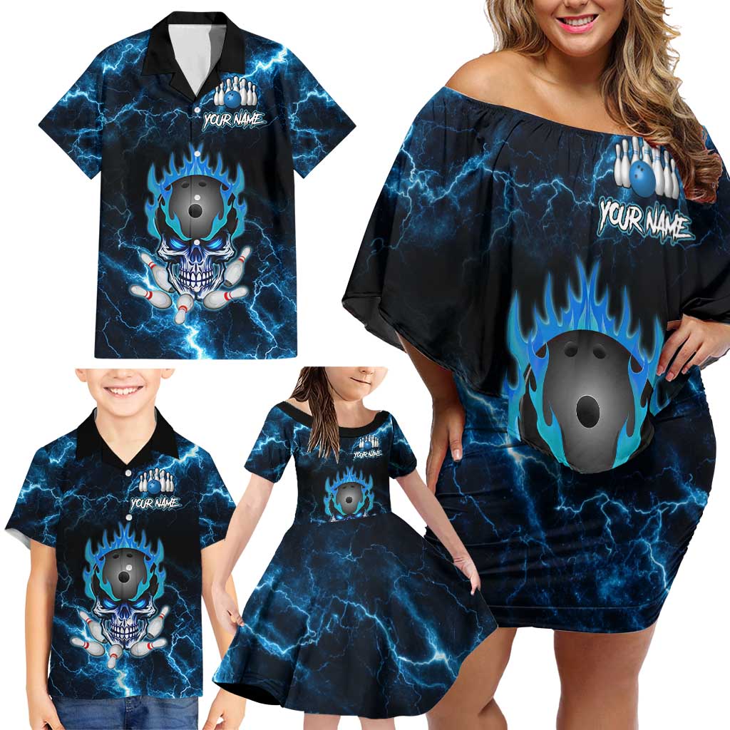 Personalized Bowling Skull Family Matching Off Shoulder Short Dress and Hawaiian Shirt with Blue Flame Energy and Electric Lightning Strike Pattern - Wonder Print Shop