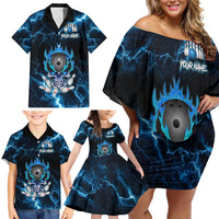 Personalized Bowling Skull Family Matching Off Shoulder Short Dress and Hawaiian Shirt with Blue Flame Energy and Electric Lightning Strike Pattern - Wonder Print Shop