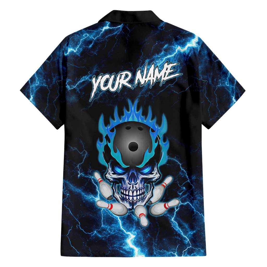 Personalized Bowling Skull Family Matching Off Shoulder Short Dress and Hawaiian Shirt with Blue Flame Energy and Electric Lightning Strike Pattern - Wonder Print Shop