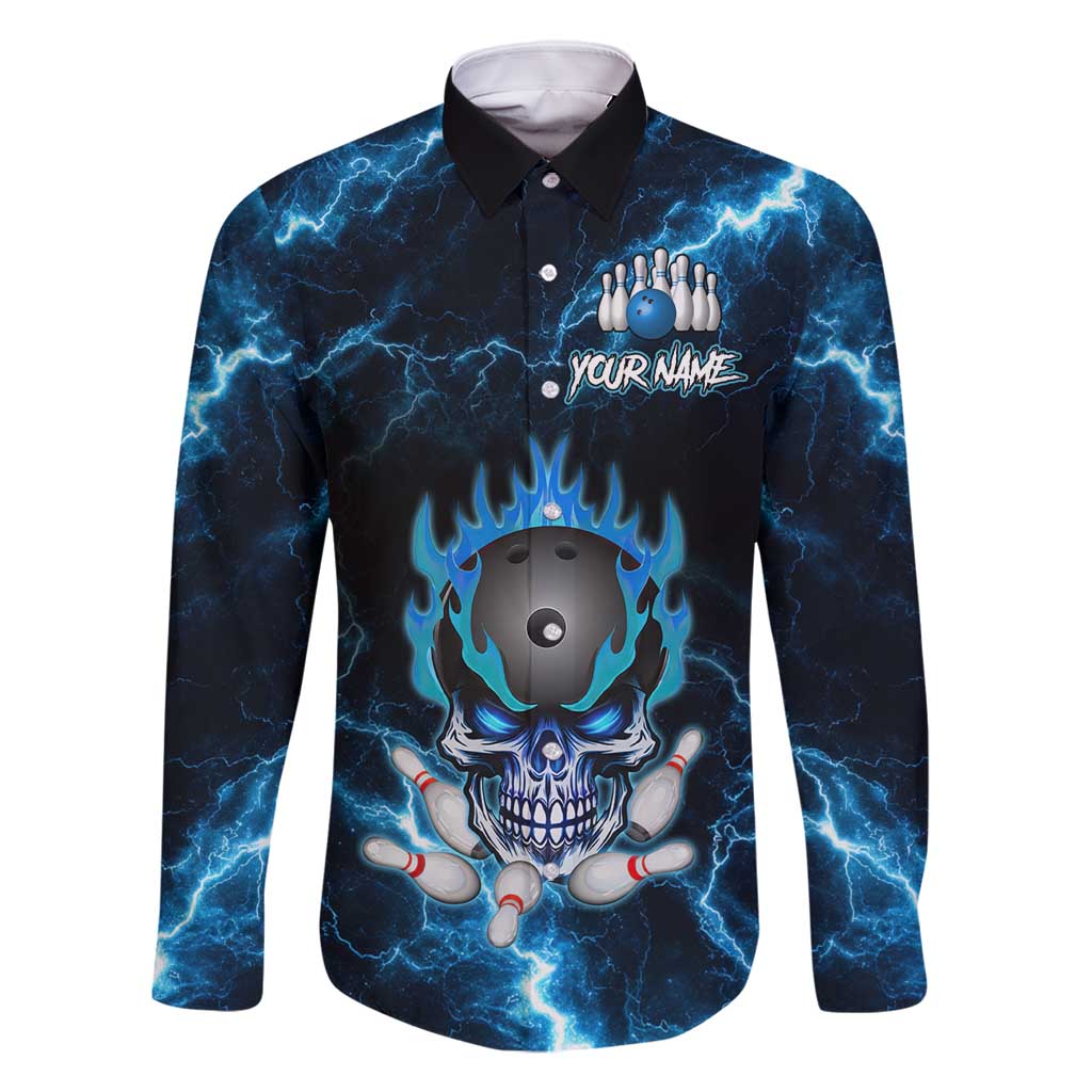 Personalized Bowling Skull Family Matching Off Shoulder Short Dress and Hawaiian Shirt with Blue Flame Energy and Electric Lightning Strike Pattern - Wonder Print Shop
