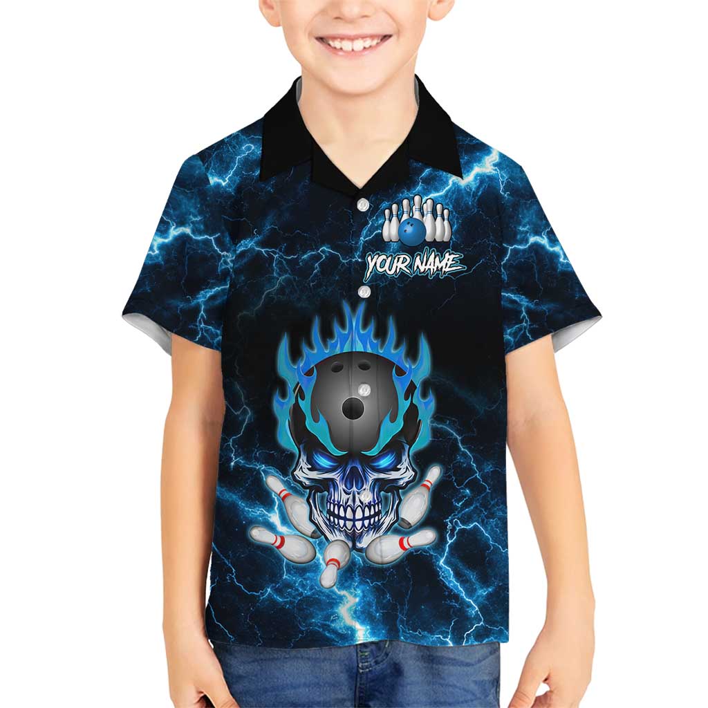 Personalized Bowling Skull Family Matching Off Shoulder Short Dress and Hawaiian Shirt with Blue Flame Energy and Electric Lightning Strike Pattern - Wonder Print Shop