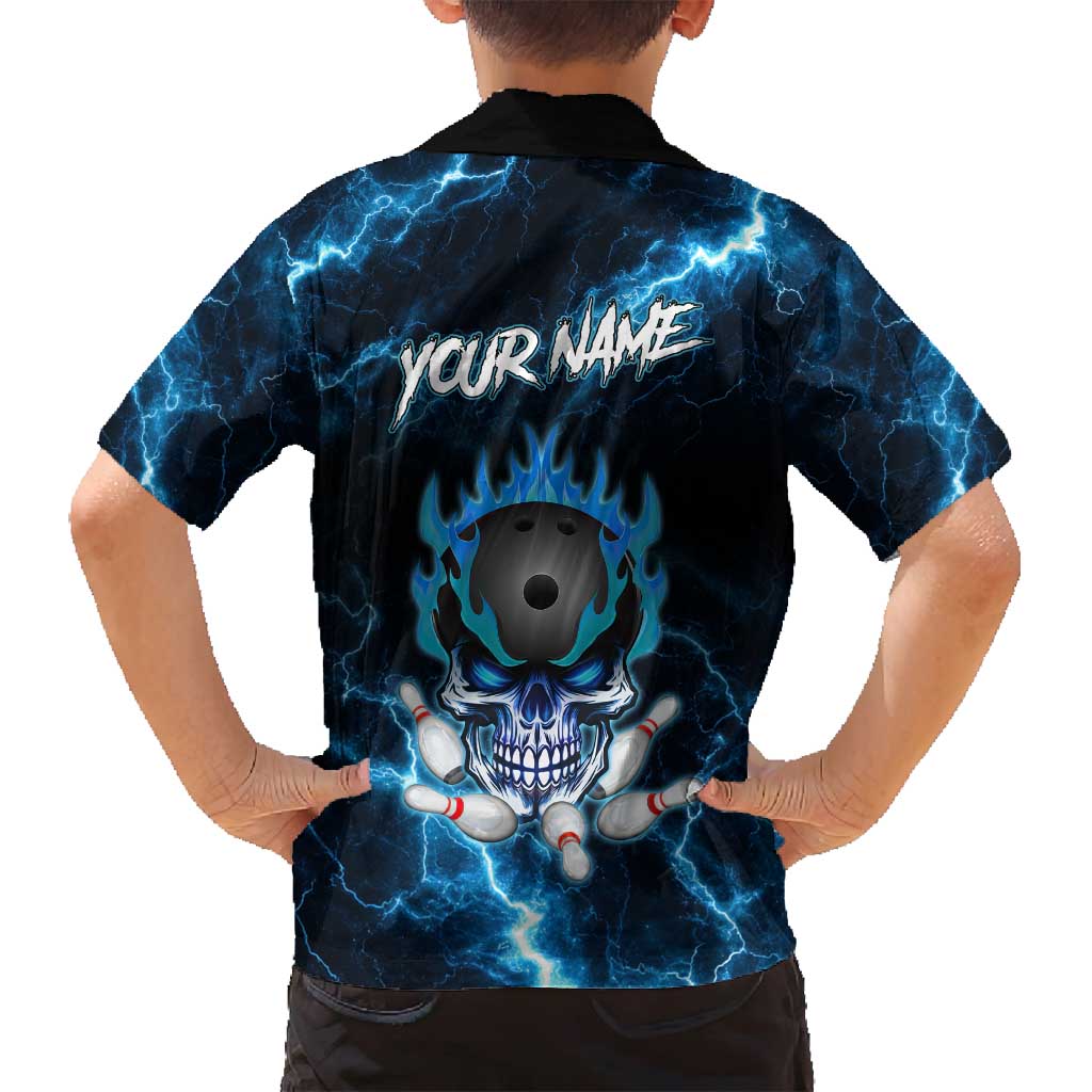 Personalized Bowling Skull Family Matching Puletasi and Hawaiian Shirt with Blue Flame Energy and Electric Lightning Strike Pattern - Wonder Print Shop