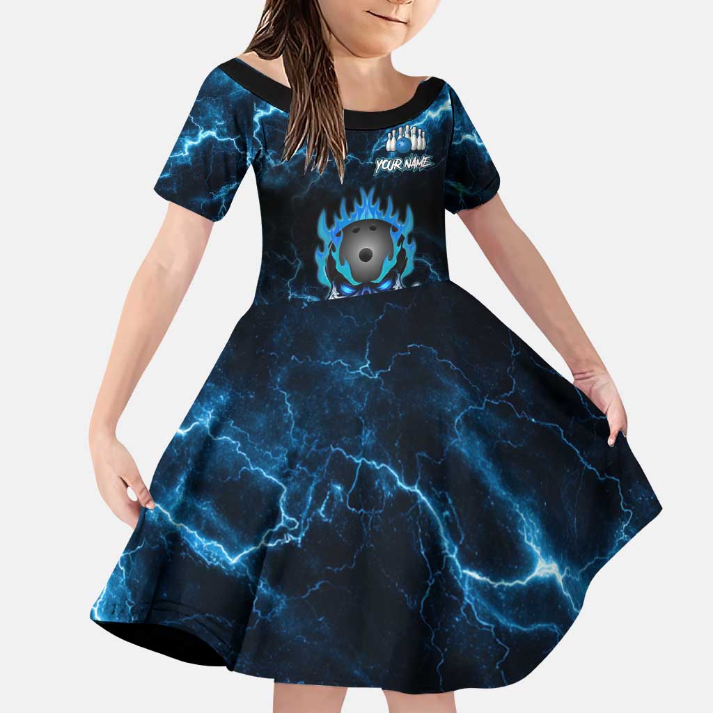 Personalized Bowling Skull Family Matching Puletasi and Hawaiian Shirt with Blue Flame Energy and Electric Lightning Strike Pattern - Wonder Print Shop