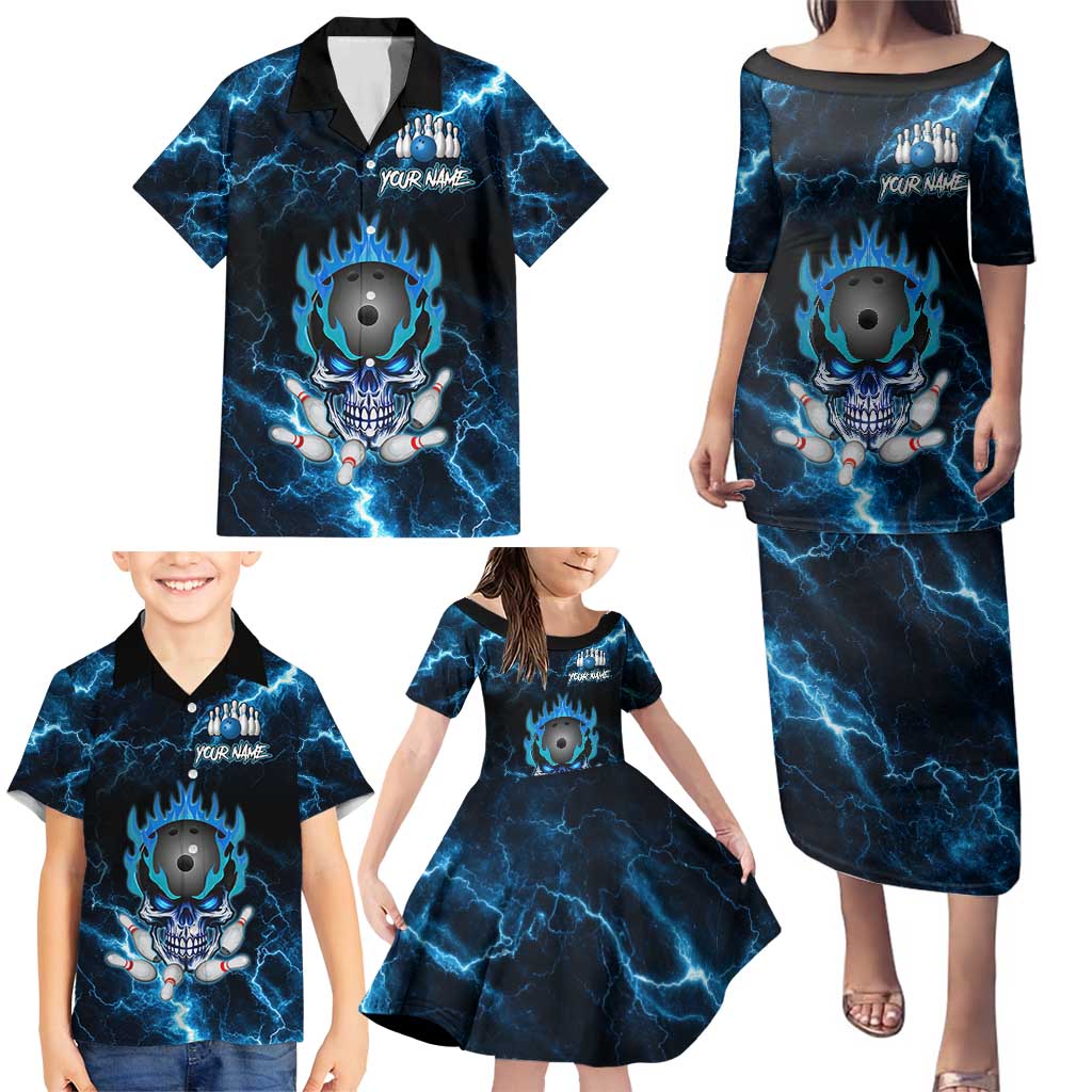 Personalized Bowling Skull Family Matching Puletasi and Hawaiian Shirt with Blue Flame Energy and Electric Lightning Strike Pattern - Wonder Print Shop