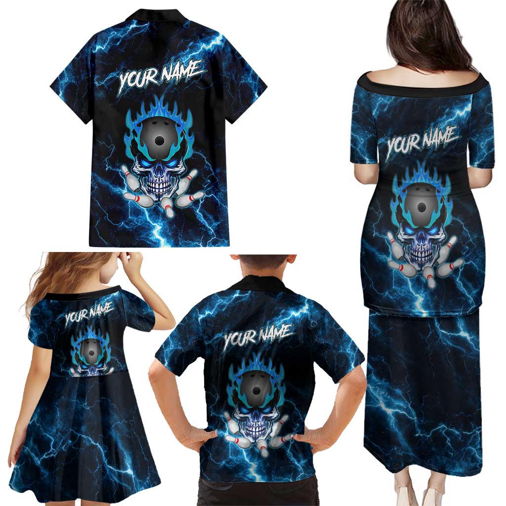Personalized Bowling Skull Family Matching Puletasi and Hawaiian Shirt with Blue Flame Energy and Electric Lightning Strike Pattern - Wonder Print Shop