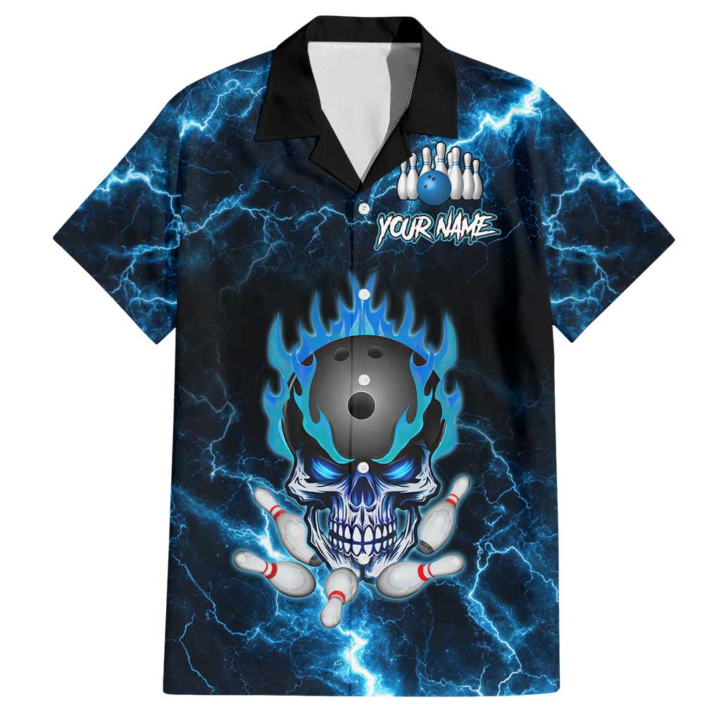 Personalized Bowling Skull Family Matching Puletasi and Hawaiian Shirt with Blue Flame Energy and Electric Lightning Strike Pattern - Wonder Print Shop