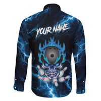 Personalized Bowling Skull Family Matching Puletasi and Hawaiian Shirt with Blue Flame Energy and Electric Lightning Strike Pattern - Wonder Print Shop
