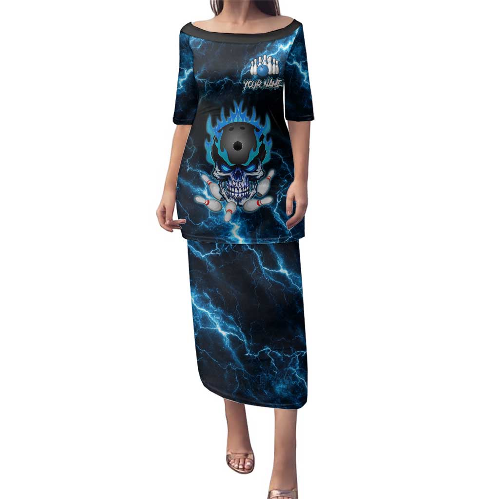 Personalized Bowling Skull Family Matching Puletasi and Hawaiian Shirt with Blue Flame Energy and Electric Lightning Strike Pattern - Wonder Print Shop