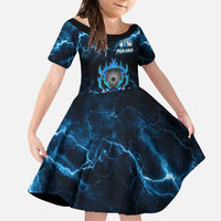 Personalized Bowling Skull Family Matching Short Sleeve Bodycon Dress and Hawaiian Shirt with Blue Flame Energy and Electric Lightning Strike Pattern - Wonder Print Shop