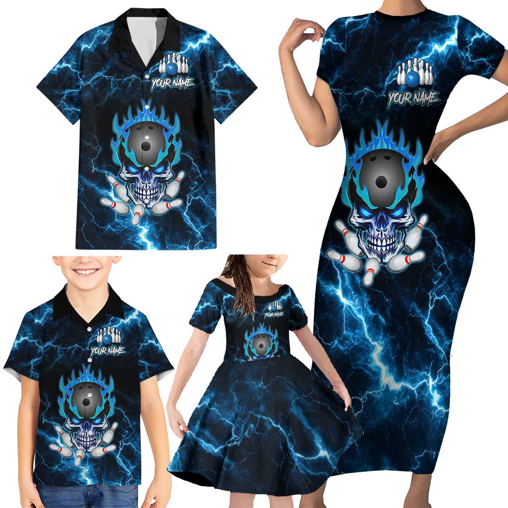 Personalized Bowling Skull Family Matching Short Sleeve Bodycon Dress and Hawaiian Shirt with Blue Flame Energy and Electric Lightning Strike Pattern - Wonder Print Shop