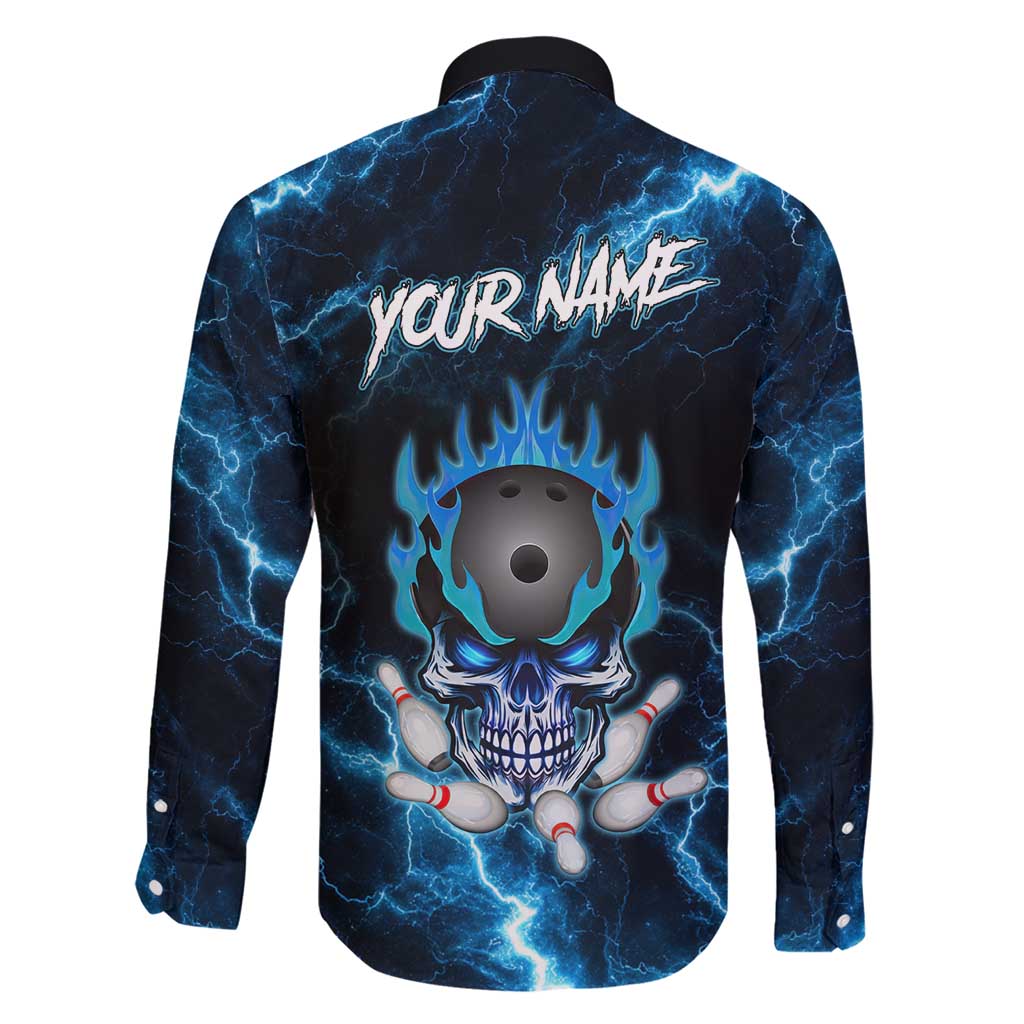 Personalized Bowling Skull Family Matching Short Sleeve Bodycon Dress and Hawaiian Shirt with Blue Flame Energy and Electric Lightning Strike Pattern - Wonder Print Shop