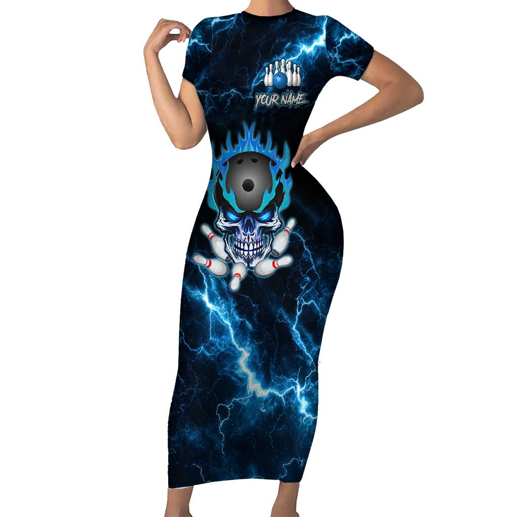 Personalized Bowling Skull Family Matching Short Sleeve Bodycon Dress and Hawaiian Shirt with Blue Flame Energy and Electric Lightning Strike Pattern - Wonder Print Shop