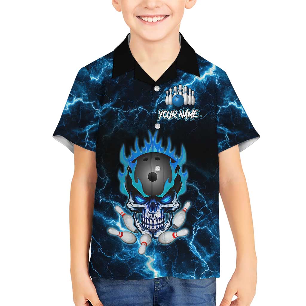 Personalized Bowling Skull Family Matching Short Sleeve Bodycon Dress and Hawaiian Shirt with Blue Flame Energy and Electric Lightning Strike Pattern - Wonder Print Shop