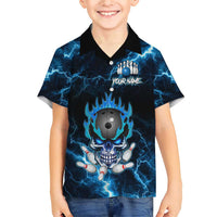 Personalized Bowling Skull Family Matching Short Sleeve Bodycon Dress and Hawaiian Shirt with Blue Flame Energy and Electric Lightning Strike Pattern - Wonder Print Shop