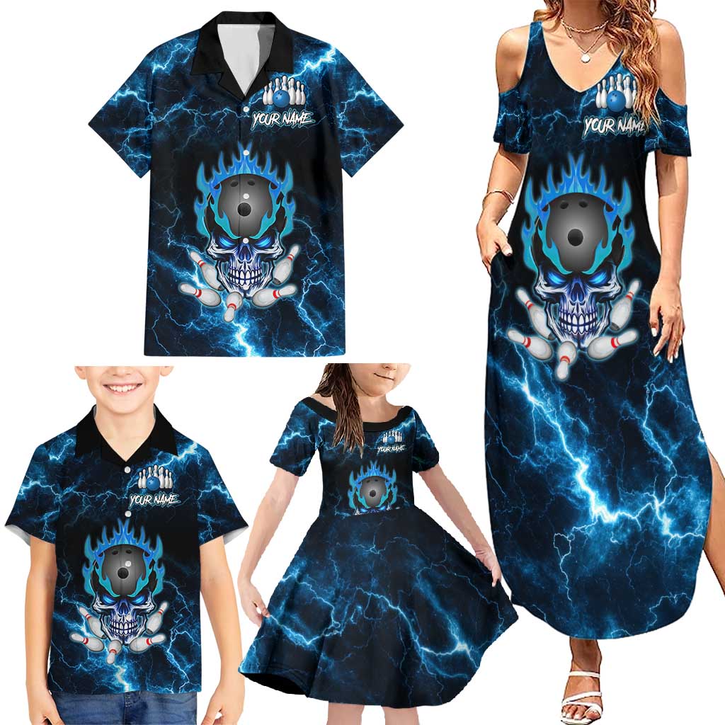 Personalized Bowling Skull Family Matching Summer Maxi Dress and Hawaiian Shirt with Blue Flame Energy and Electric Lightning Strike Pattern - Wonder Print Shop
