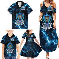 Personalized Bowling Skull Family Matching Summer Maxi Dress and Hawaiian Shirt with Blue Flame Energy and Electric Lightning Strike Pattern - Wonder Print Shop