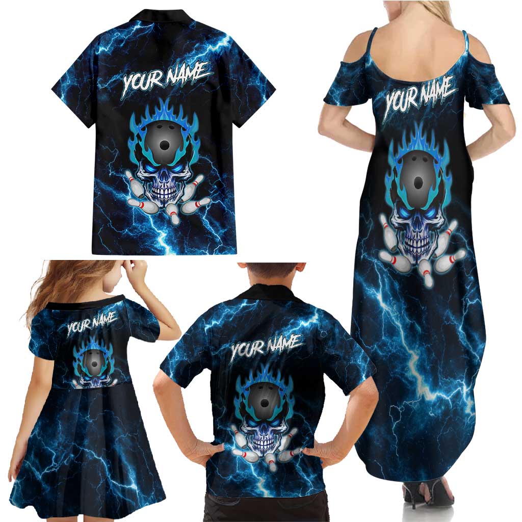 Personalized Bowling Skull Family Matching Summer Maxi Dress and Hawaiian Shirt with Blue Flame Energy and Electric Lightning Strike Pattern - Wonder Print Shop