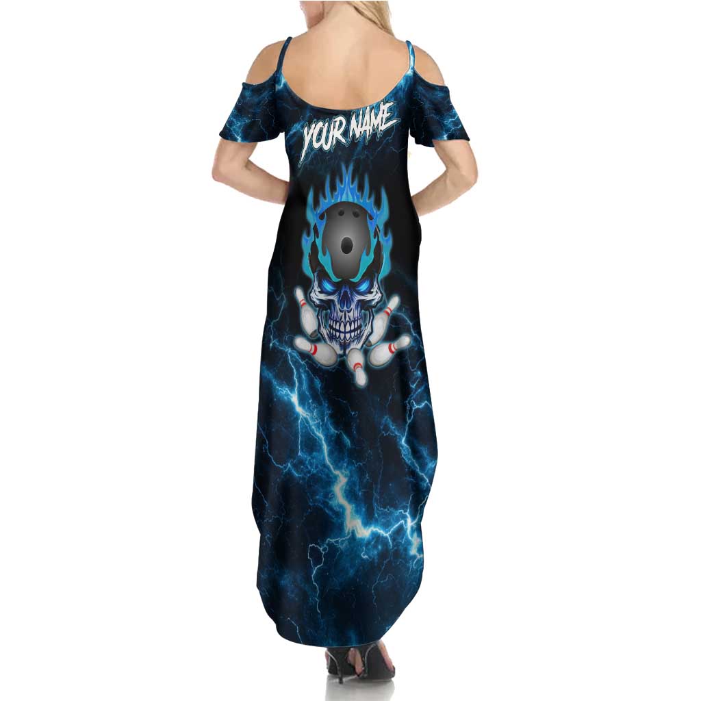 Personalized Bowling Skull Family Matching Summer Maxi Dress and Hawaiian Shirt with Blue Flame Energy and Electric Lightning Strike Pattern - Wonder Print Shop