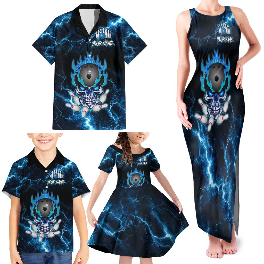 Personalized Bowling Skull Family Matching Tank Maxi Dress and Hawaiian Shirt with Blue Flame Energy and Electric Lightning Strike Pattern - Wonder Print Shop