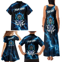Personalized Bowling Skull Family Matching Tank Maxi Dress and Hawaiian Shirt with Blue Flame Energy and Electric Lightning Strike Pattern - Wonder Print Shop