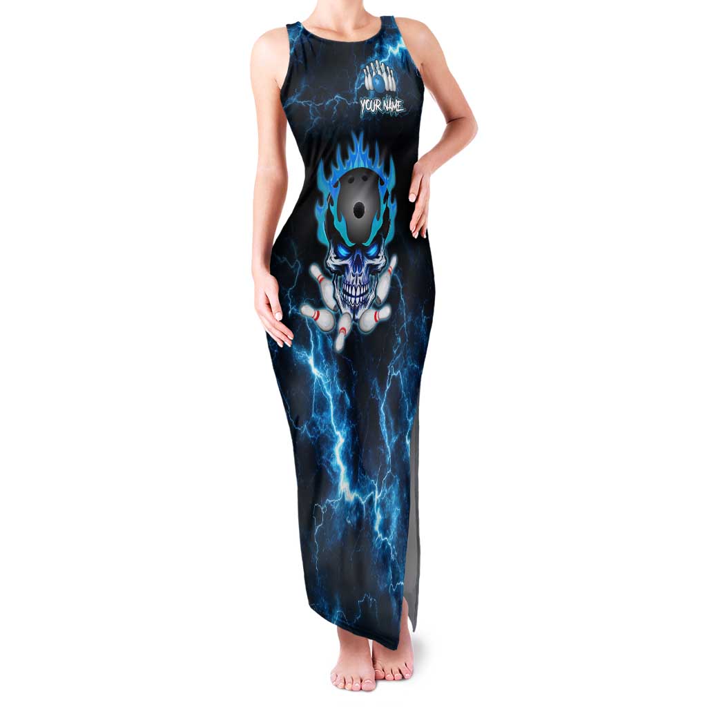 Personalized Bowling Skull Family Matching Tank Maxi Dress and Hawaiian Shirt with Blue Flame Energy and Electric Lightning Strike Pattern - Wonder Print Shop