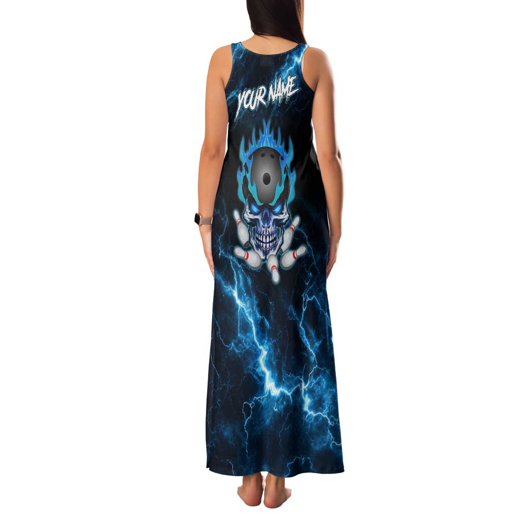 Personalized Bowling Skull Family Matching Tank Maxi Dress and Hawaiian Shirt with Blue Flame Energy and Electric Lightning Strike Pattern - Wonder Print Shop