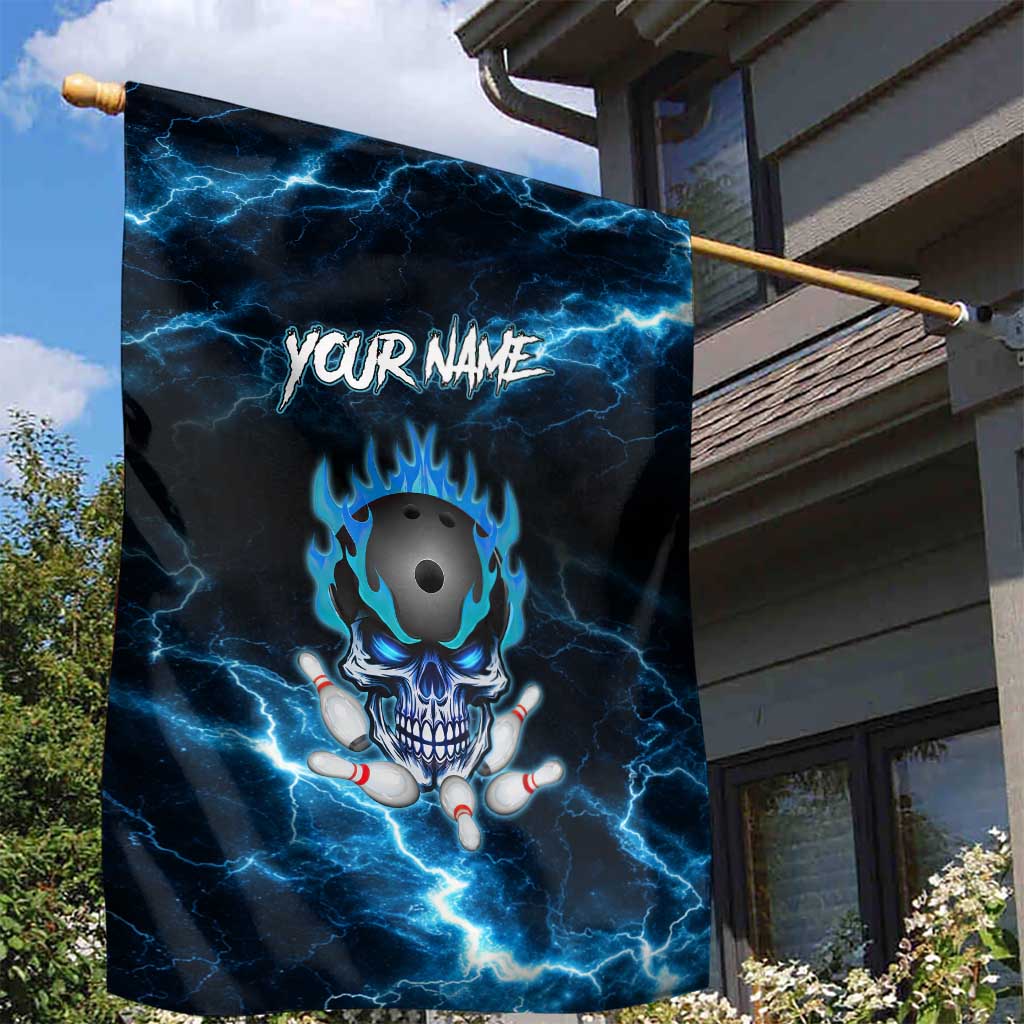 Personalized Bowling Skull Garden Flag with Blue Flame Energy and Electric Lightning Strike Pattern - Wonder Print Shop