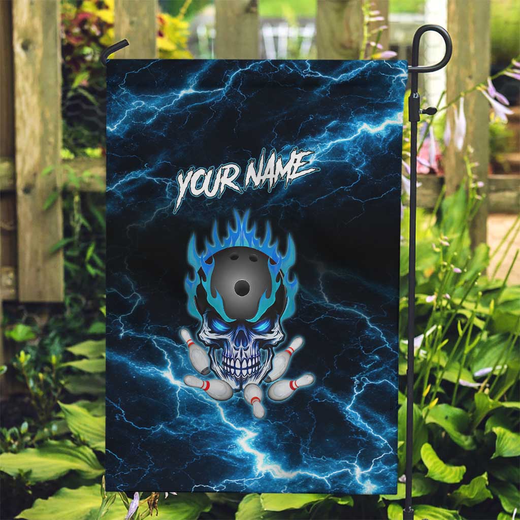 Personalized Bowling Skull Garden Flag with Blue Flame Energy and Electric Lightning Strike Pattern - Wonder Print Shop