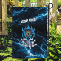 Personalized Bowling Skull Garden Flag with Blue Flame Energy and Electric Lightning Strike Pattern - Wonder Print Shop