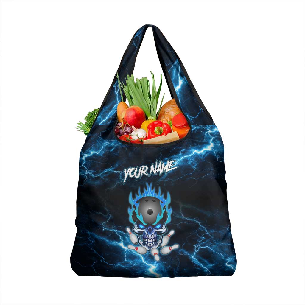 Personalized Bowling Skull Grocery Bag with Blue Flame Energy and Electric Lightning Strike Pattern - Wonder Print Shop
