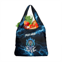 Personalized Bowling Skull Grocery Bag with Blue Flame Energy and Electric Lightning Strike Pattern - Wonder Print Shop