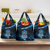 Personalized Bowling Skull Grocery Bag with Blue Flame Energy and Electric Lightning Strike Pattern - Wonder Print Shop