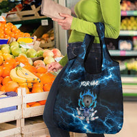 Personalized Bowling Skull Grocery Bag with Blue Flame Energy and Electric Lightning Strike Pattern - Wonder Print Shop