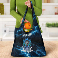 Personalized Bowling Skull Grocery Bag with Blue Flame Energy and Electric Lightning Strike Pattern - Wonder Print Shop