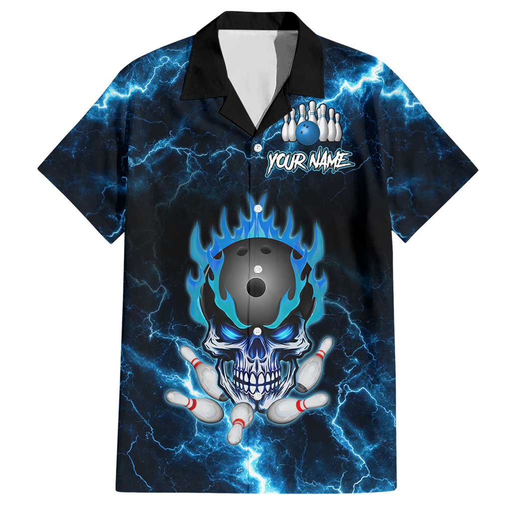 Personalized Bowling Skull Hawaiian Shirt with Blue Flame Energy and Electric Lightning Strike Pattern - Wonder Print Shop